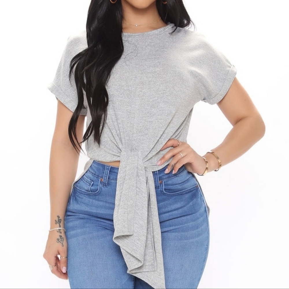 Light Grey Crewneck Tie In Front Short Sleeve Top